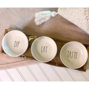 Rae Dunn 4 Piece DIP EAT TASTE Ceramic Dip Bowl Serving Platter Set Wood Tray